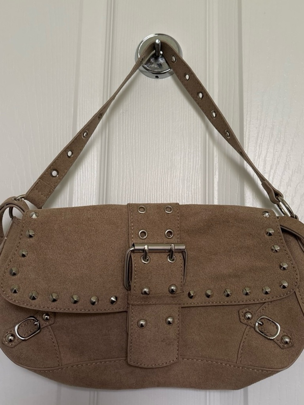 Suede Studded Shoulder Bag in Taupe